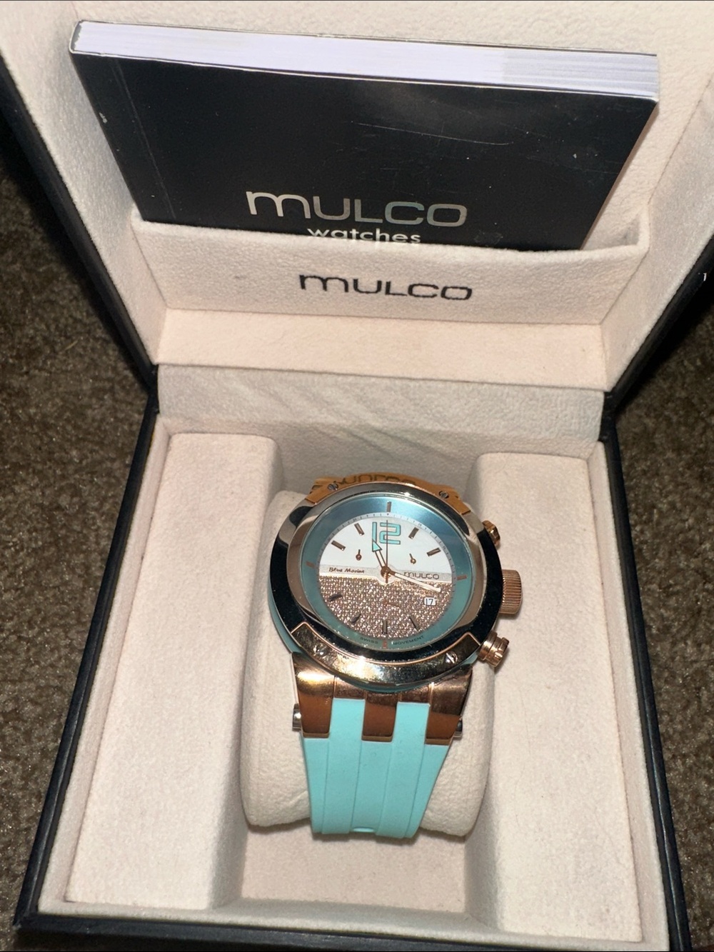Mulco Blue Marine Rose Gold Tone Case Watch with Turquoise Strap